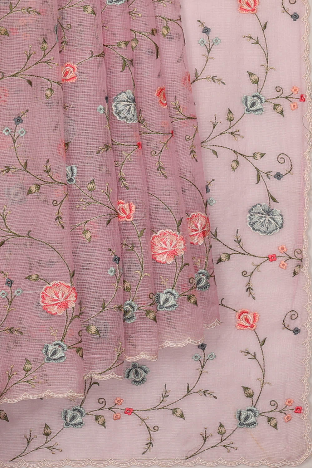 Image of Pink Kota Embroidery Cotton-Silk Saree