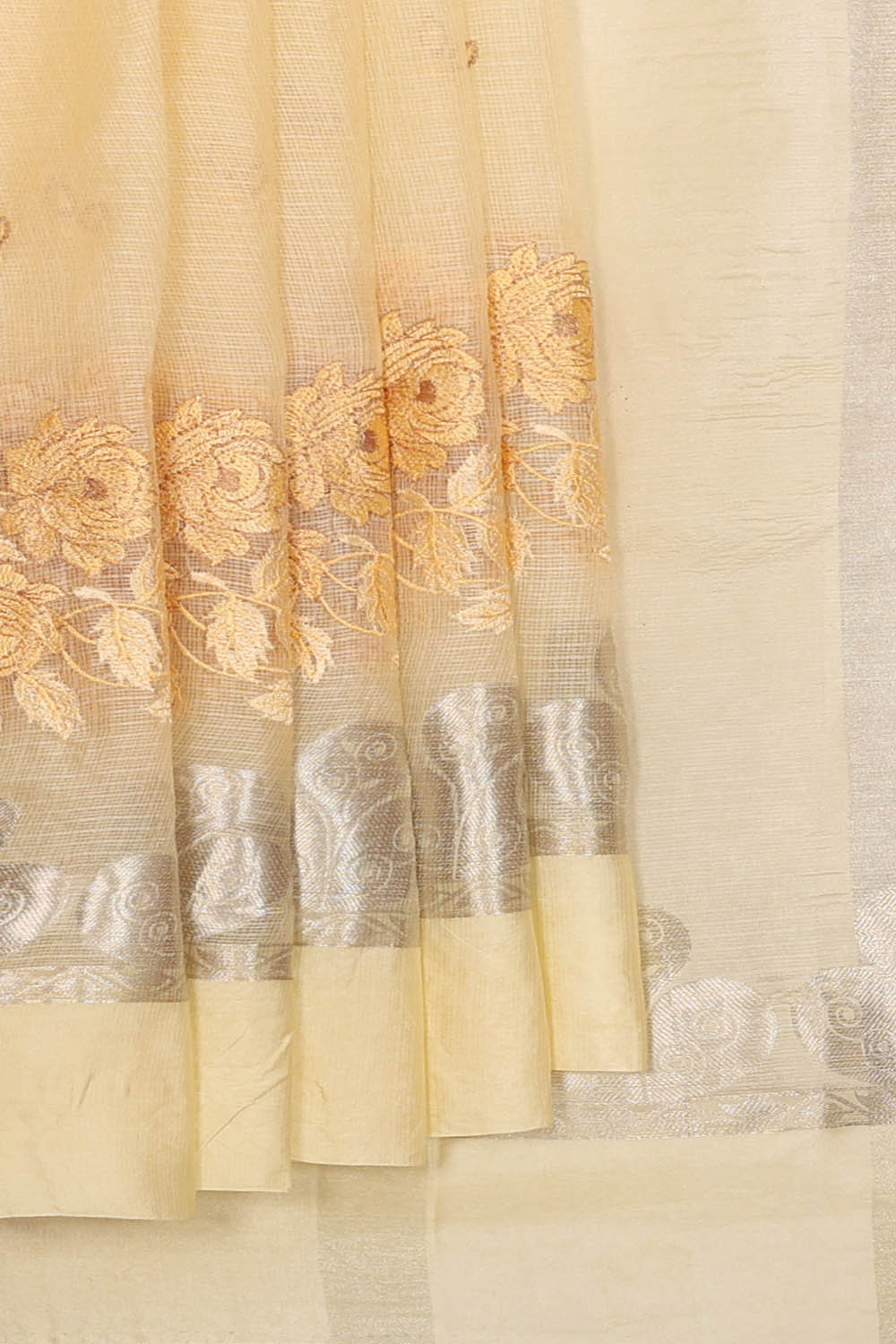 Image of Cream Kota Embroidery Cotton-Silk Saree