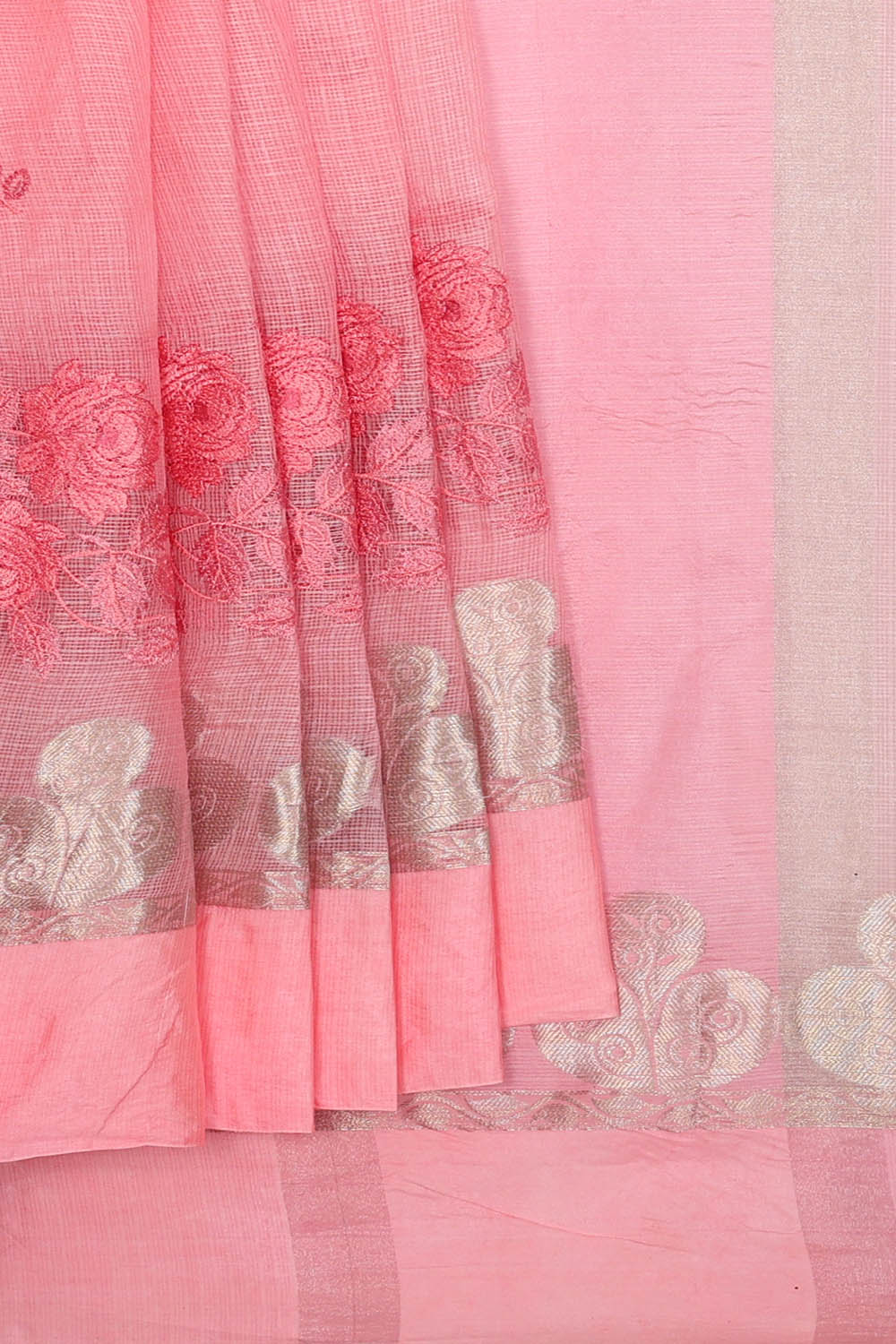 Image of Pink Kota Embroidery Cotton-Silk Saree