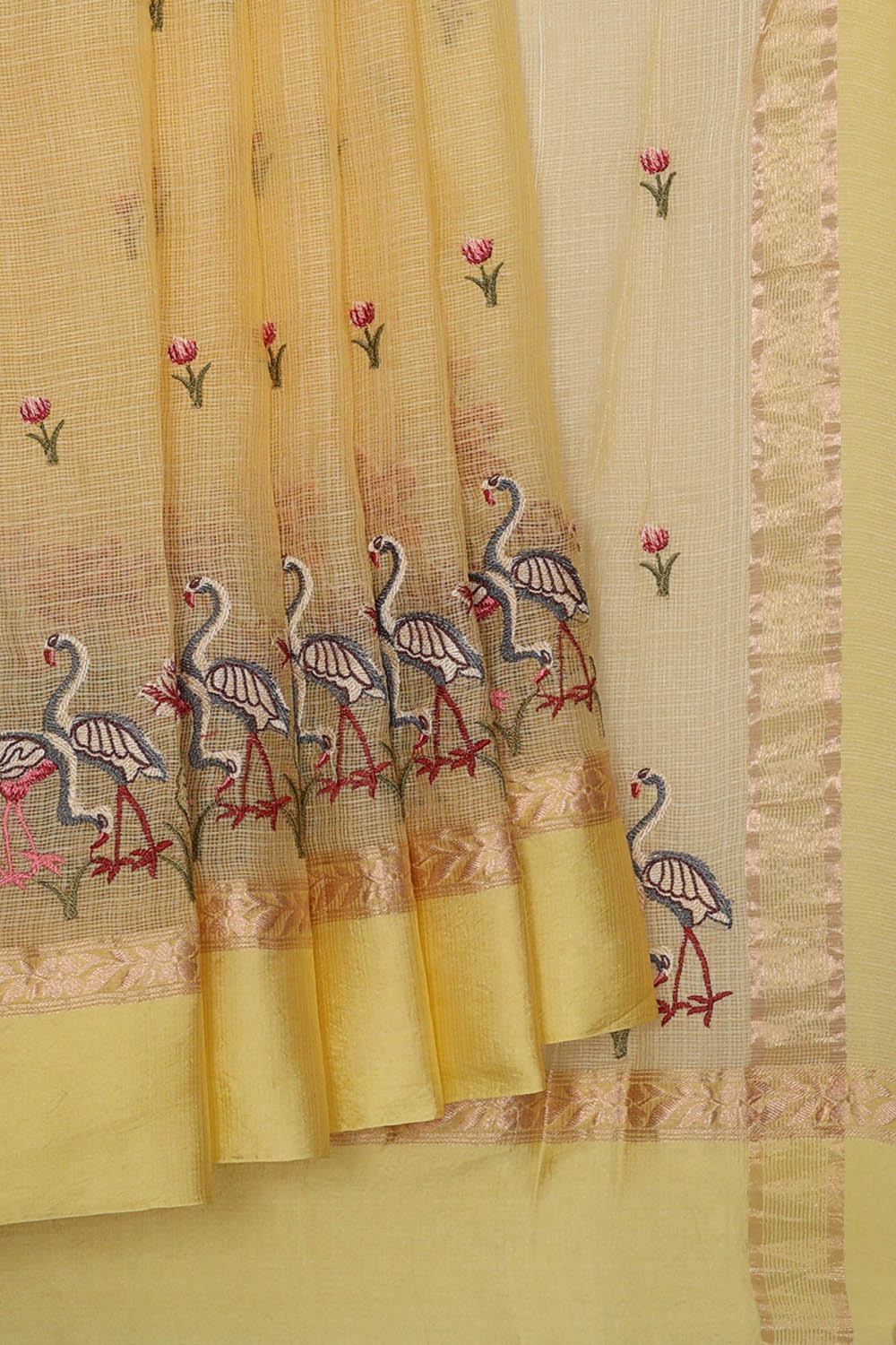 Image of Light-Yellow Kota Embroidery Cotton-Silk Saree