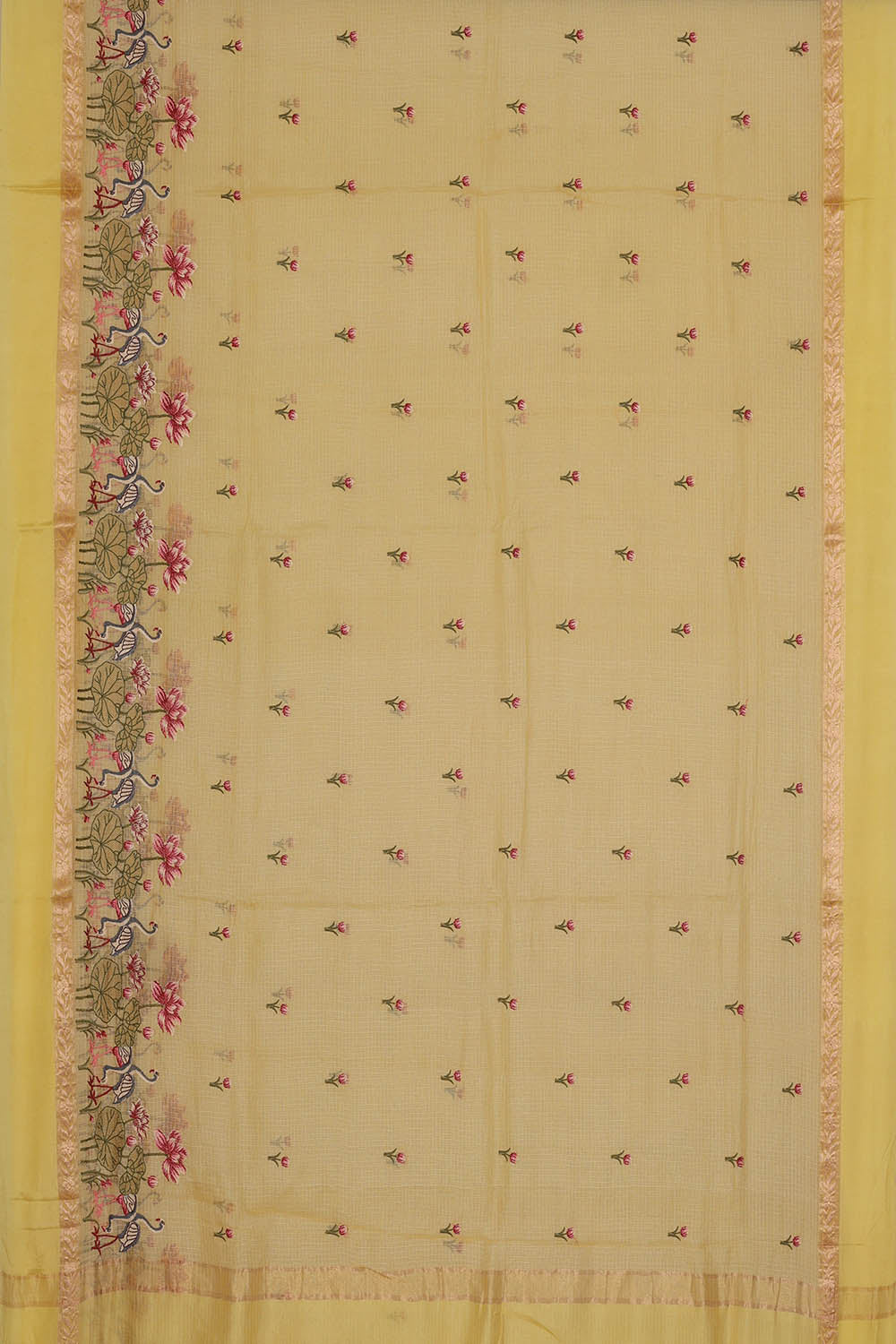 Image of Light-Yellow Kota Embroidery Cotton-Silk Saree