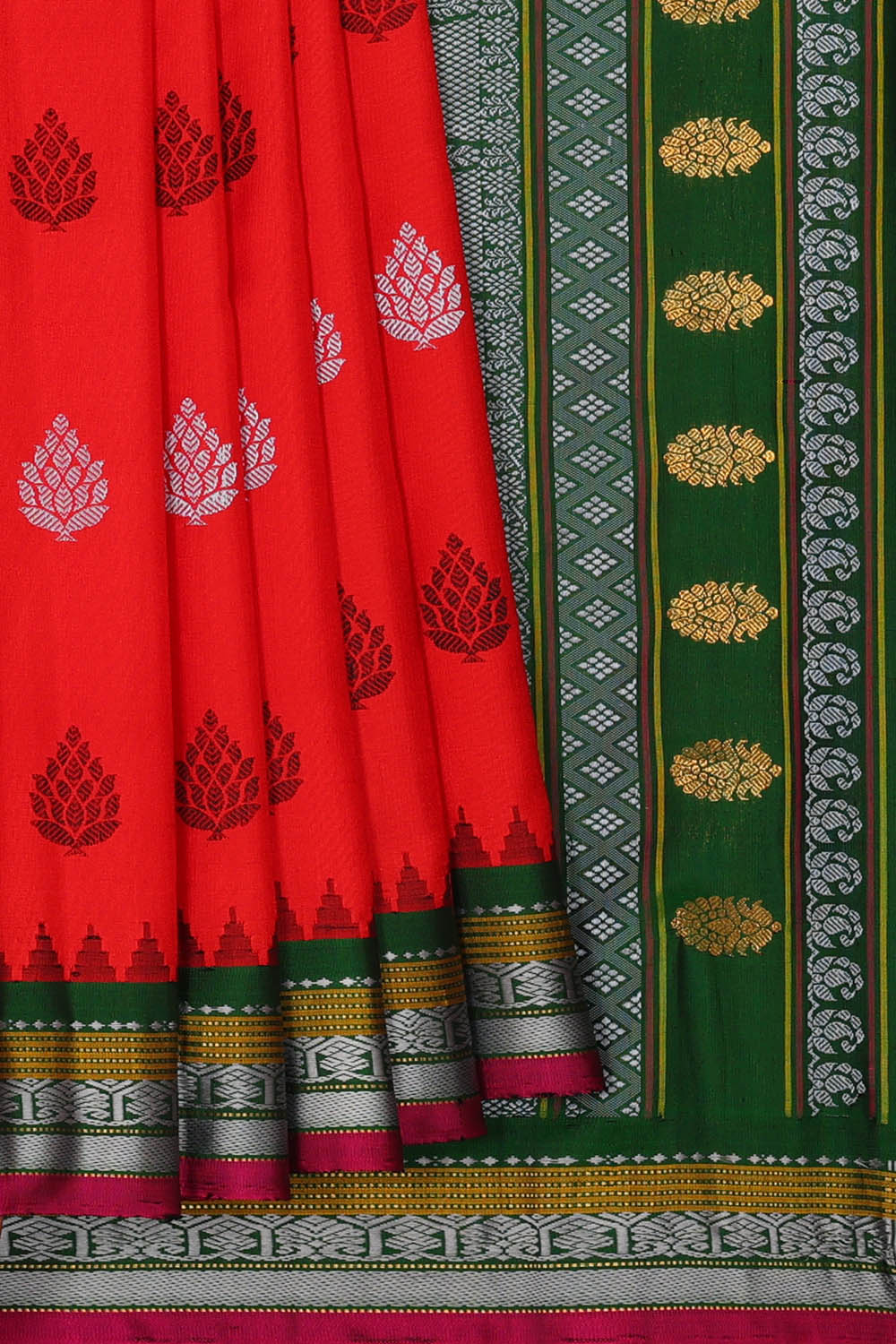 Image of Coral-Red Gadwal Silk Saree