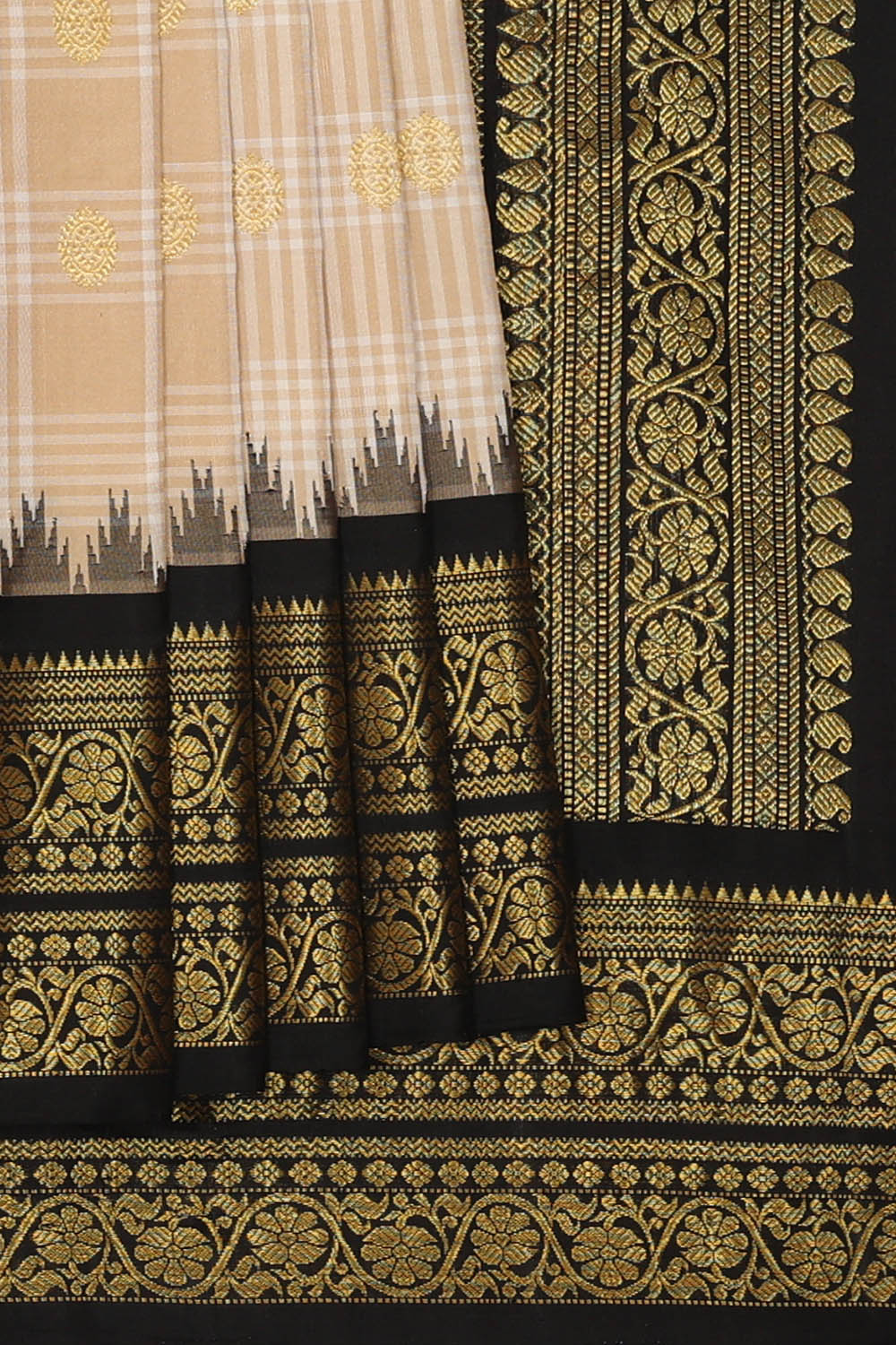 Image of Beige Gadwal Silk Kattam Saree