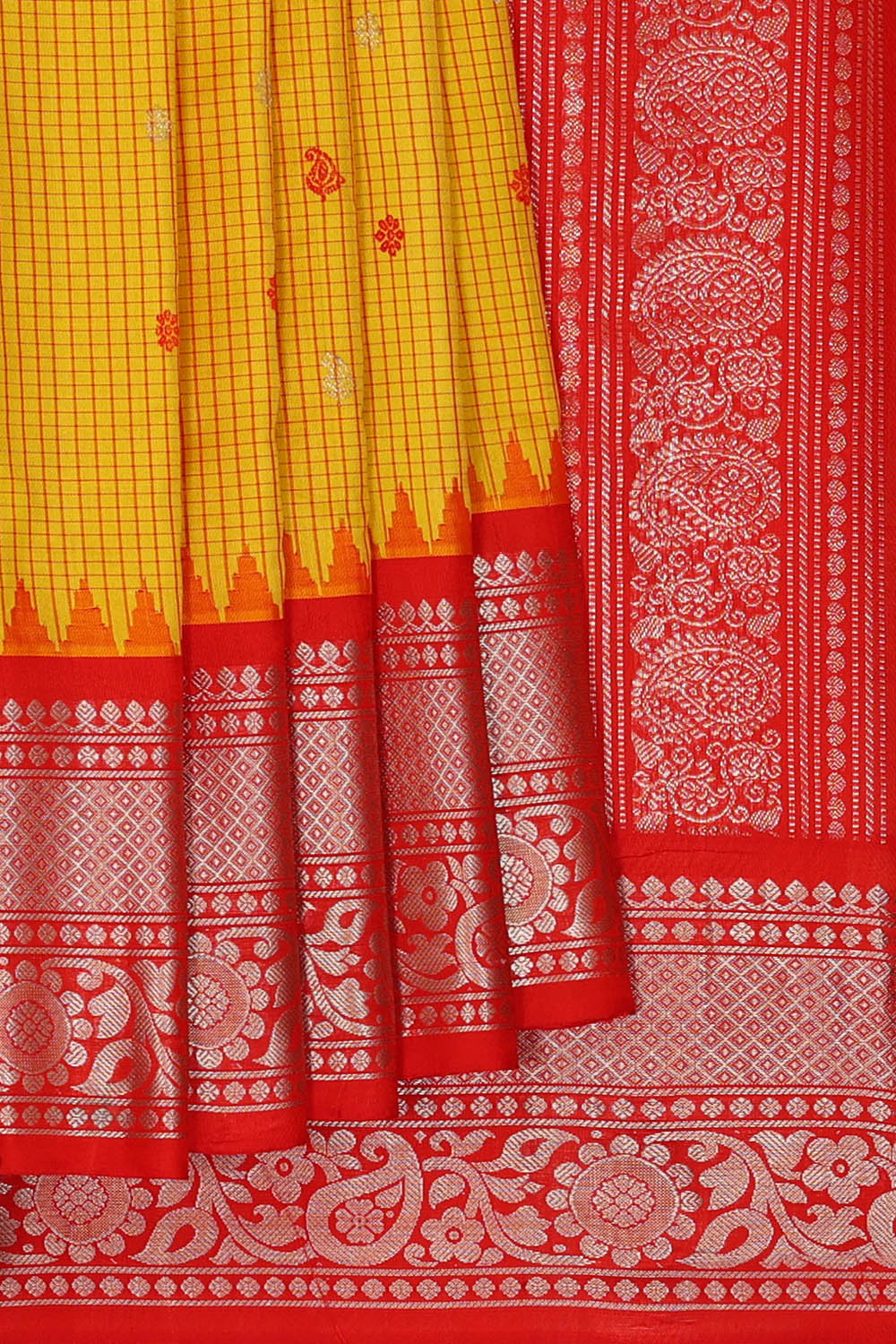 Image of Yellow Gadwal Silk Kattam Saree