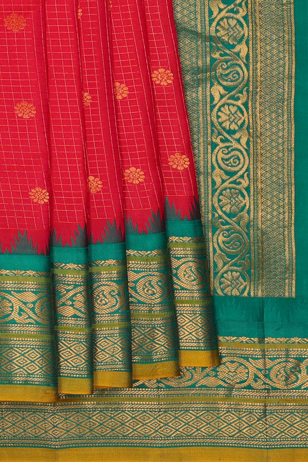Image of Ruby-Red Gadwal Silk Kattam Saree