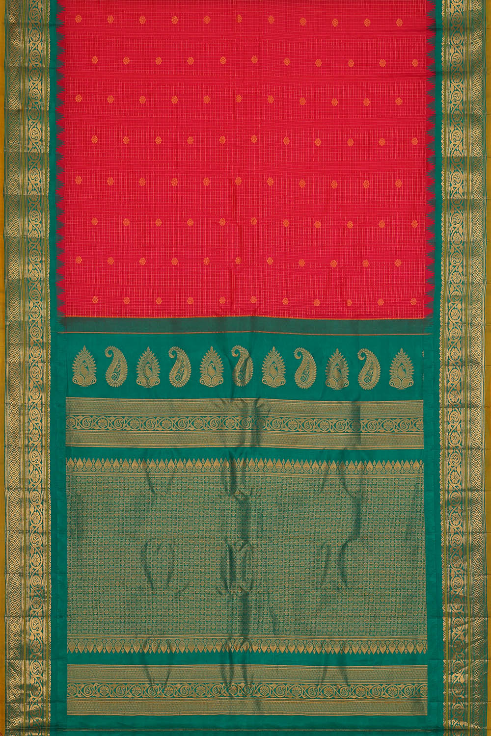 Image of Ruby-Red Gadwal Silk Kattam Saree