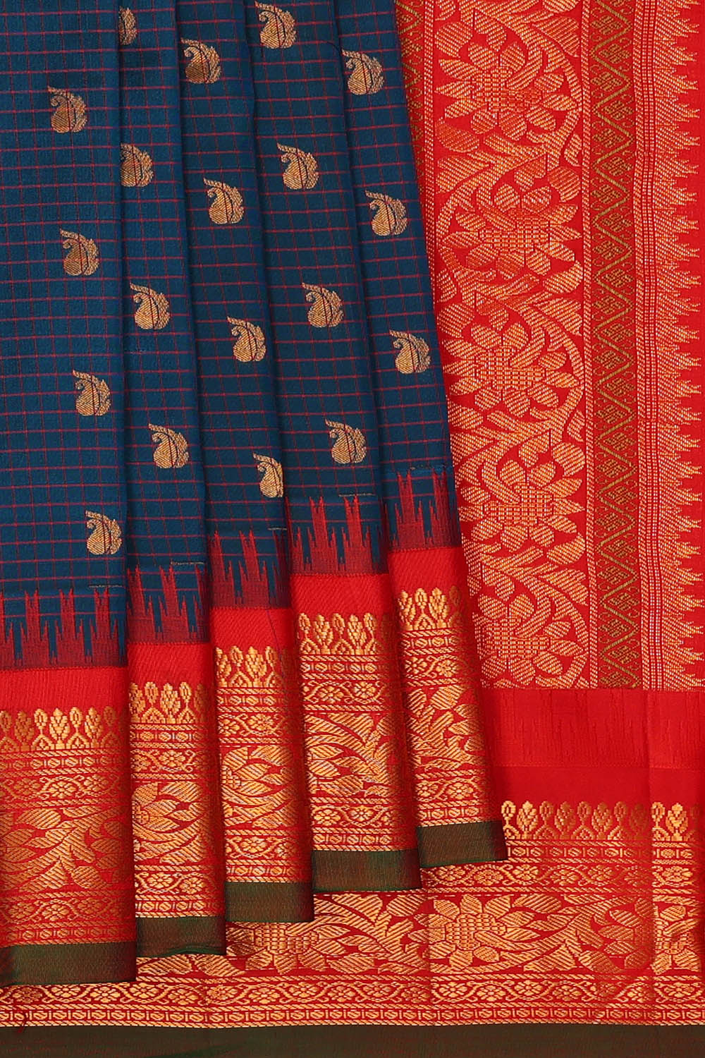 Image of Navy-Blue Gadwal Silk Kattam Saree