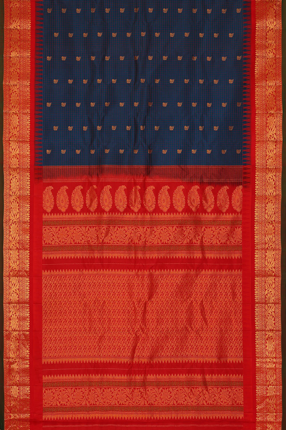 Image of Navy-Blue Gadwal Silk Kattam Saree