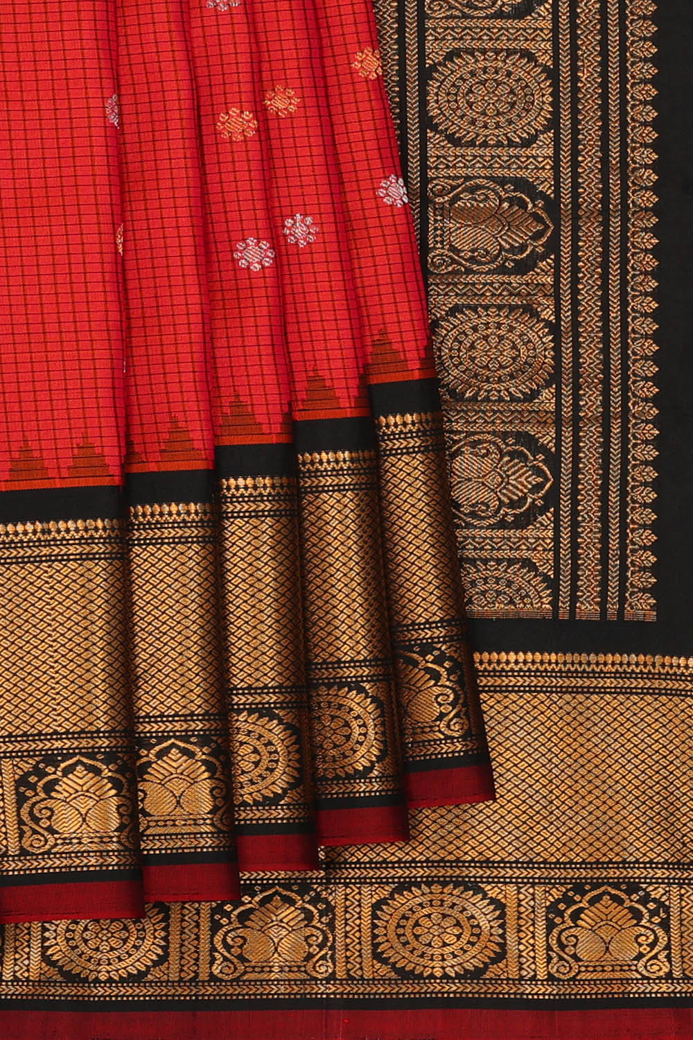 Image of Red Gadwal Silk Kattam Saree