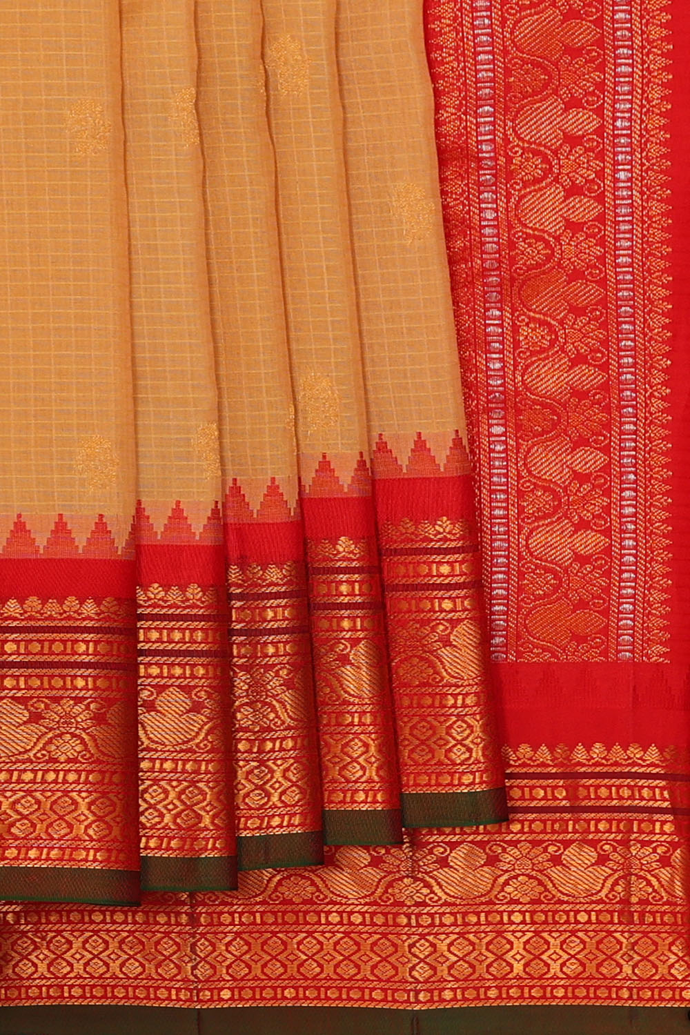 Image of Beige Gadwal Silk Kattam Saree