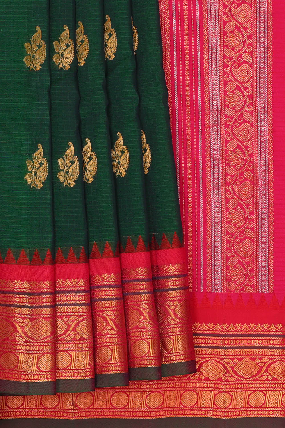 Image of Bottle-Green Gadwal Silk Kattam Saree