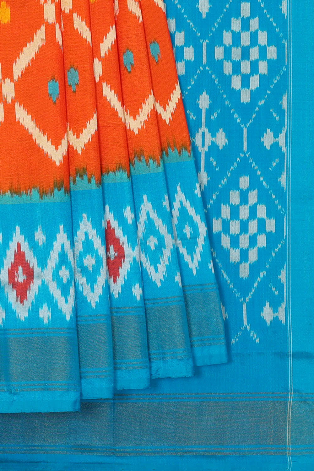 Image of Orange Pochampally Ikat Silk Saree