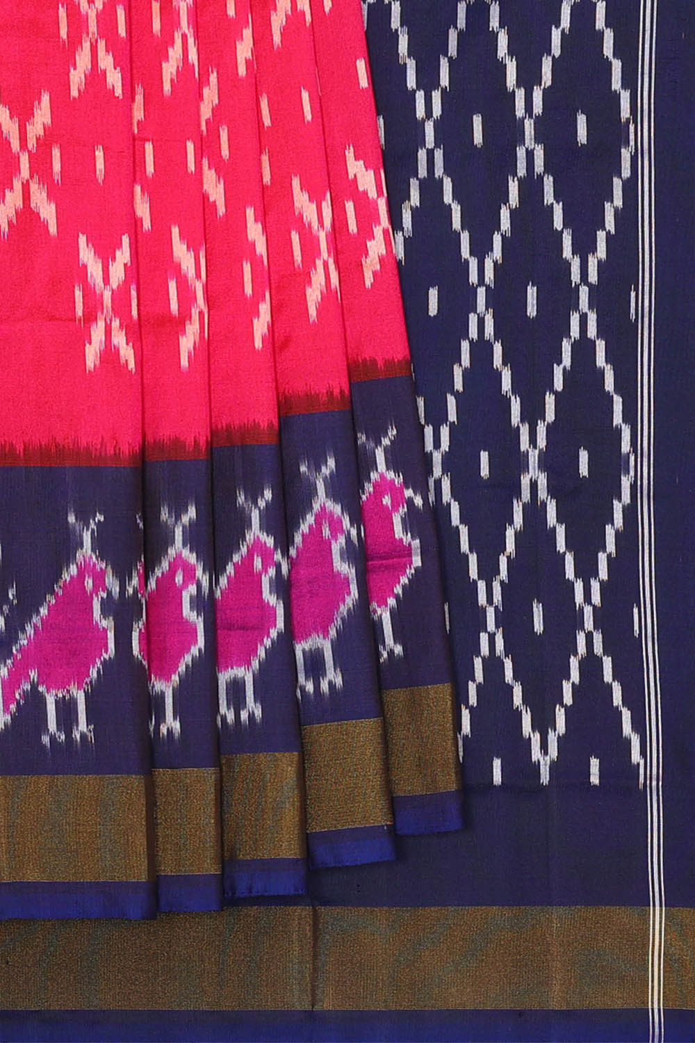 Image of Coral Pink Pochampally Ikat Silk Saree
