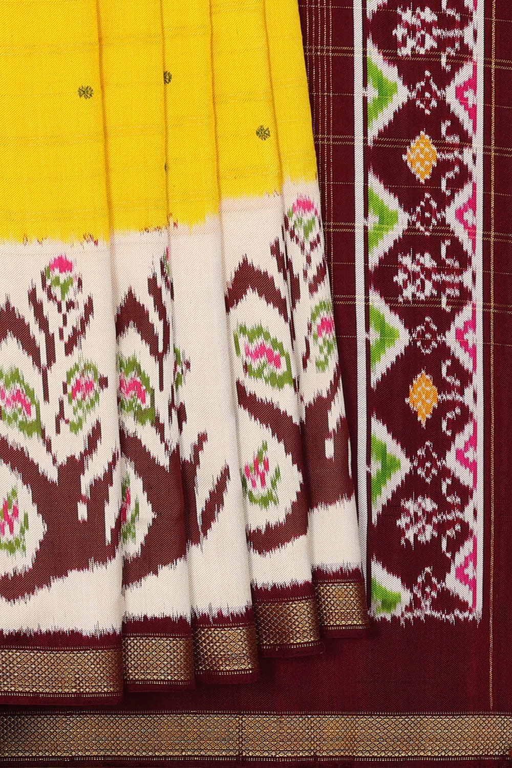 Image of Yellow Pochampally Ikat Twill Silk Saree