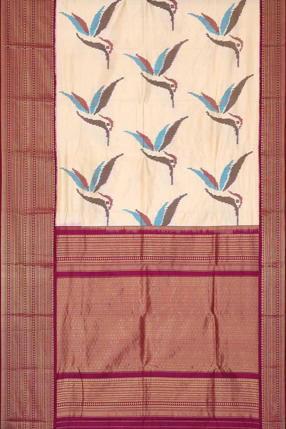 Image of Off-White Pochampally Ikat Silk Saree