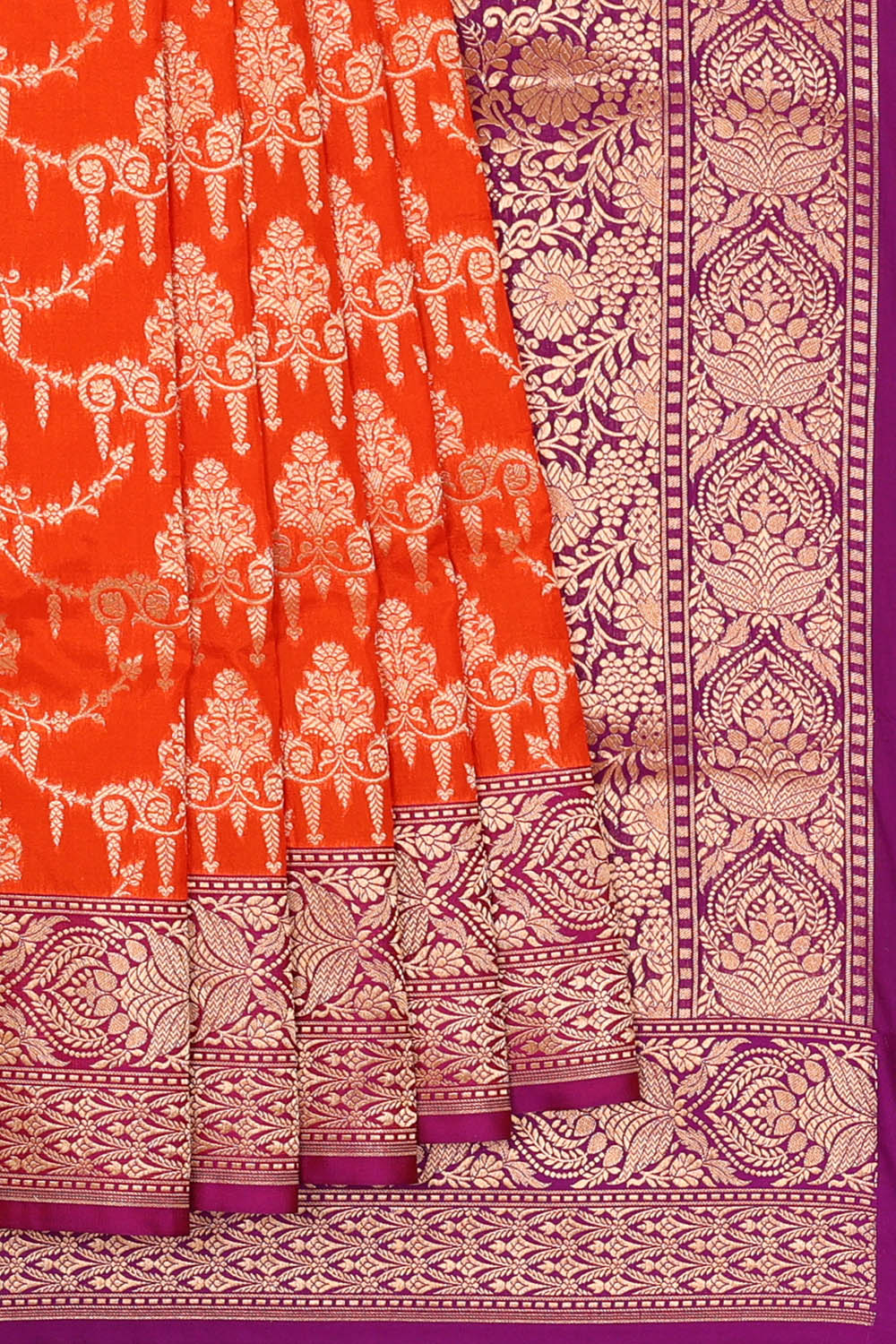 Image of Orange Banarasi Brocade Silk Saree