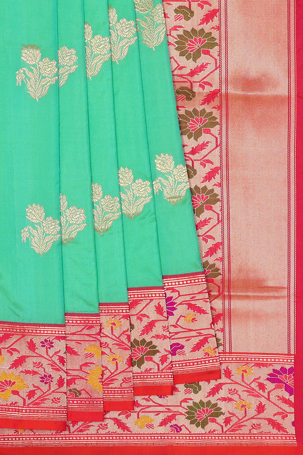 Image of Turquoise-Green Banarasi Silk Saree