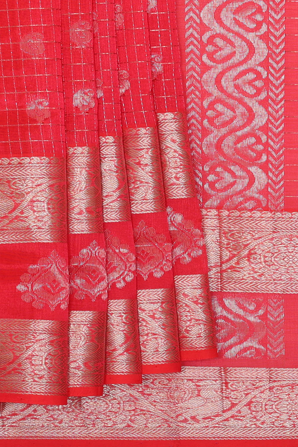 Image of Coral Red Kaddam Kuppadam Silk Cotton Saree