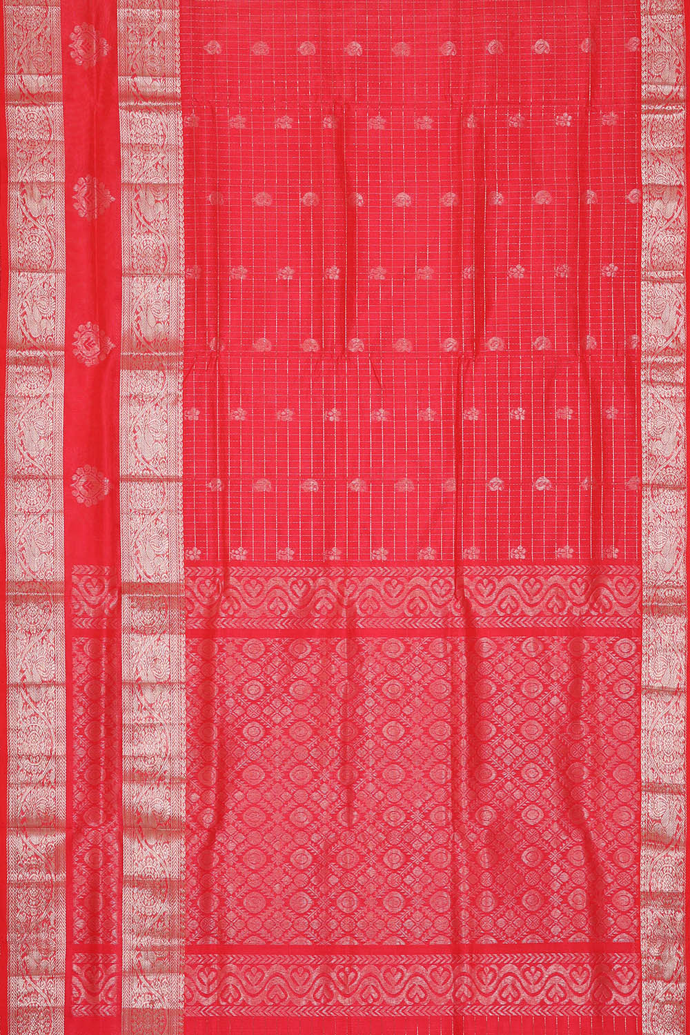 Image of Coral Red Kaddam Kuppadam Silk Cotton Saree