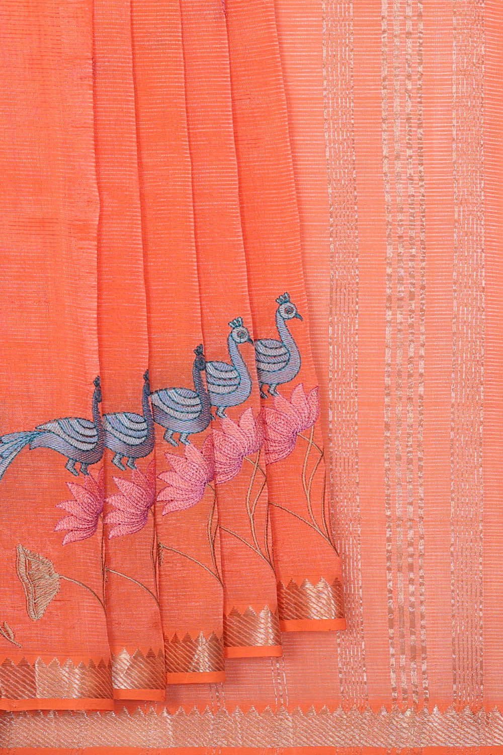 Image of Peach-Orange Mangalgiri Silk Saree