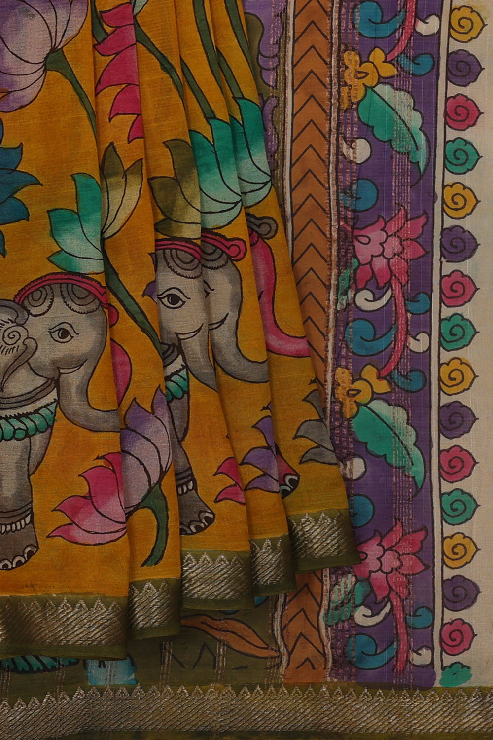 Image of Mangalgiri Silk Mustard-Yellow Print Saree