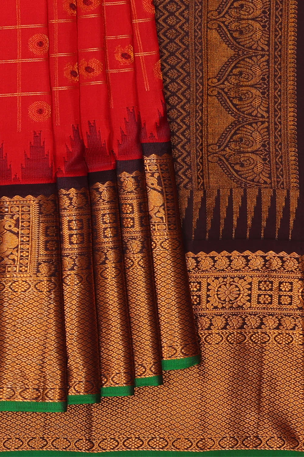 Image of Red Gadwal Silk Kattam Saree