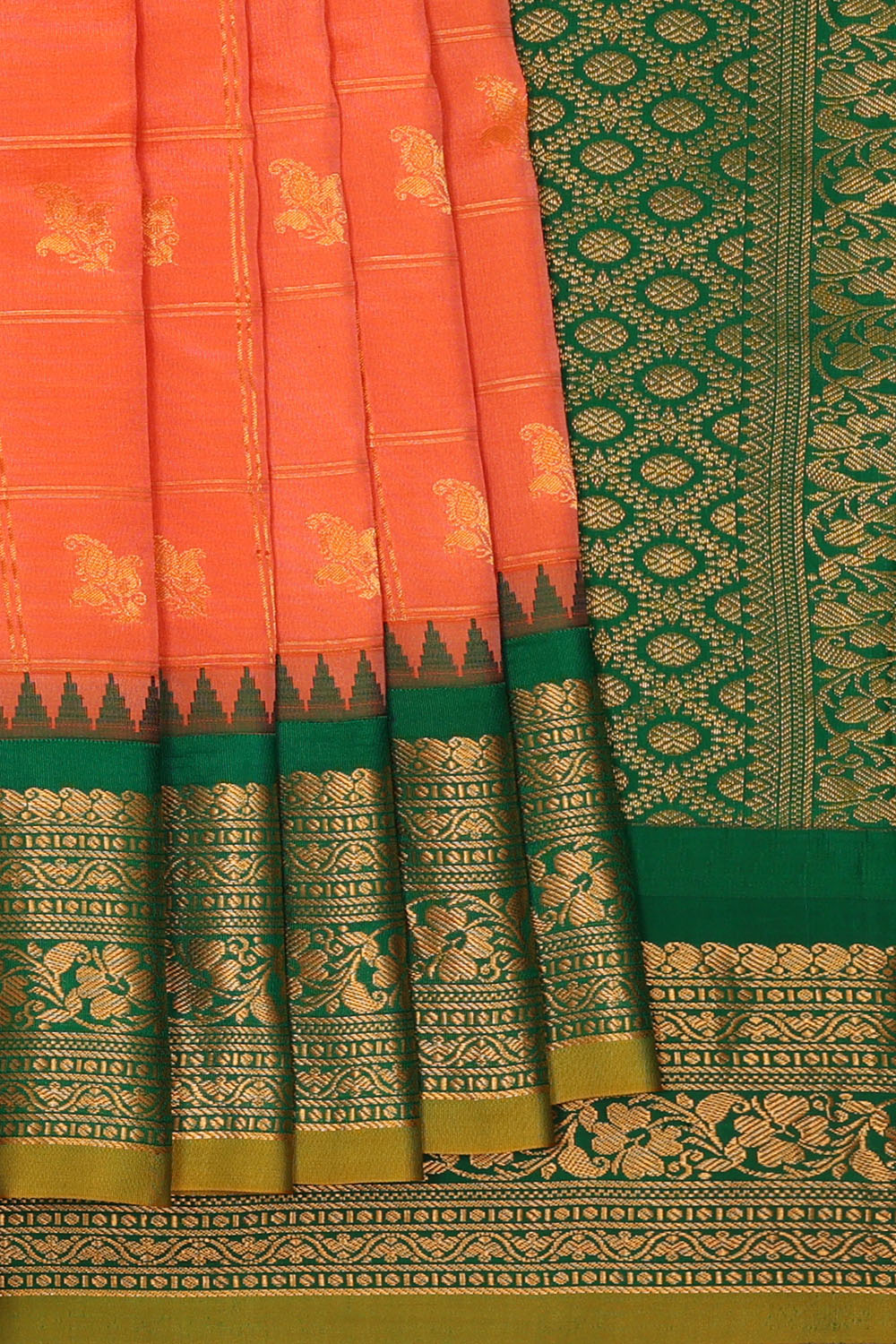 Image of Peach-pink Gadwal Silk Kattam Saree
