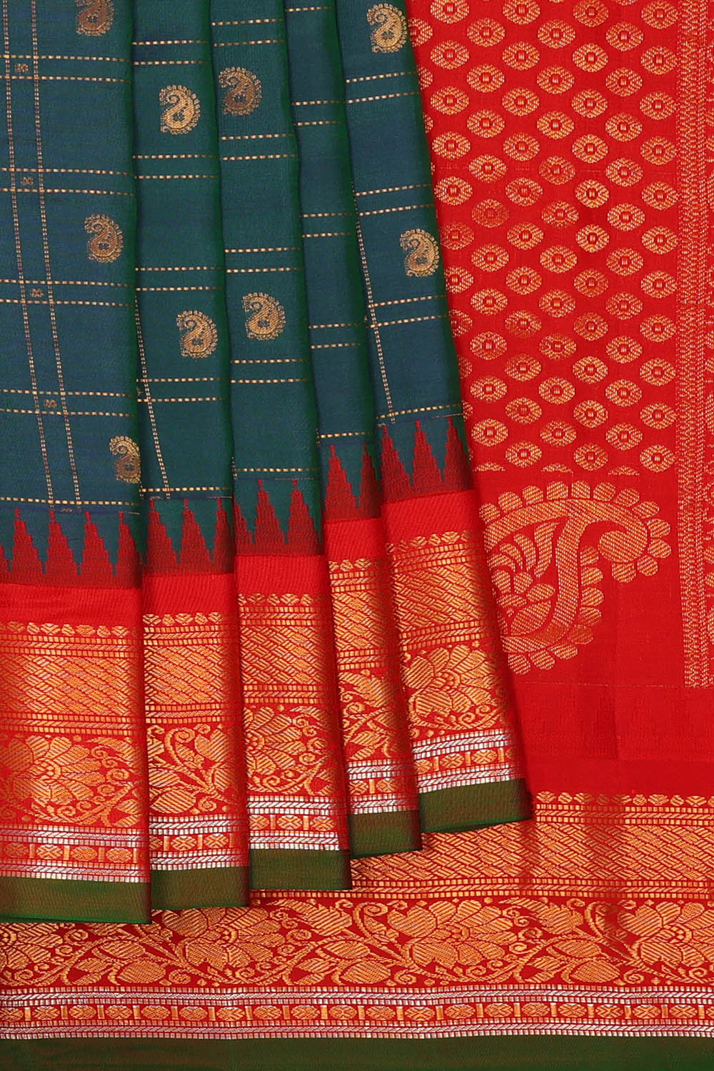 Image of Teal-Blue Kattam Gadwal Silk Saree
