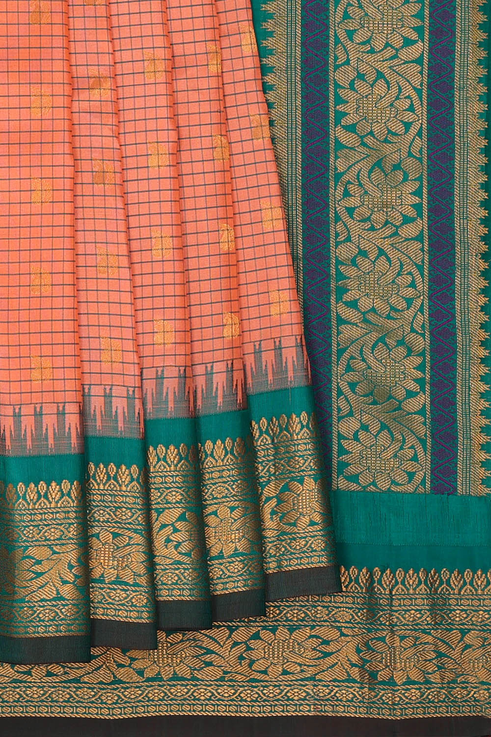 Image of Peach Gadwal Silk Kattam Saree