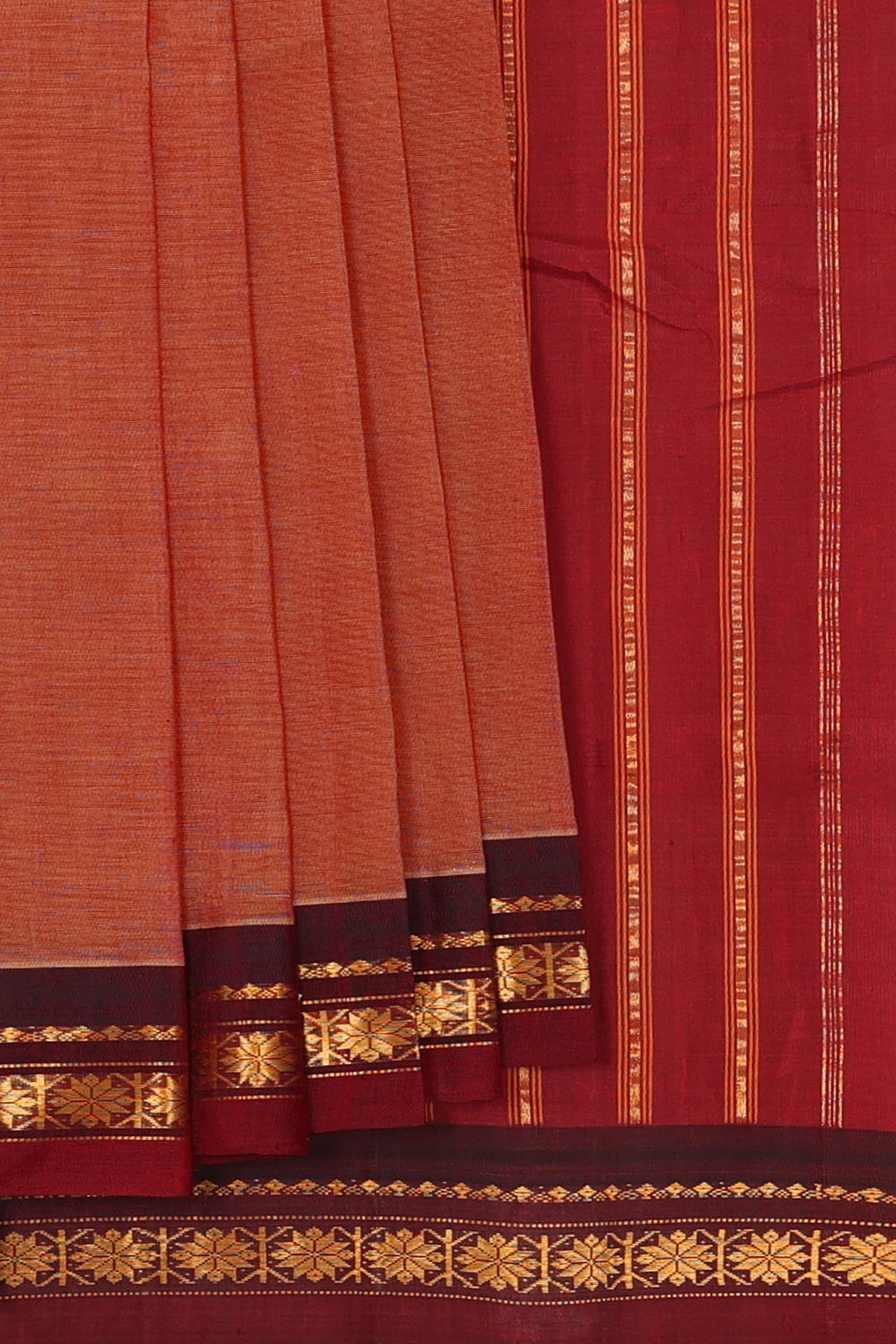 Image of Rust-Orange Cotton Gadwal Saree