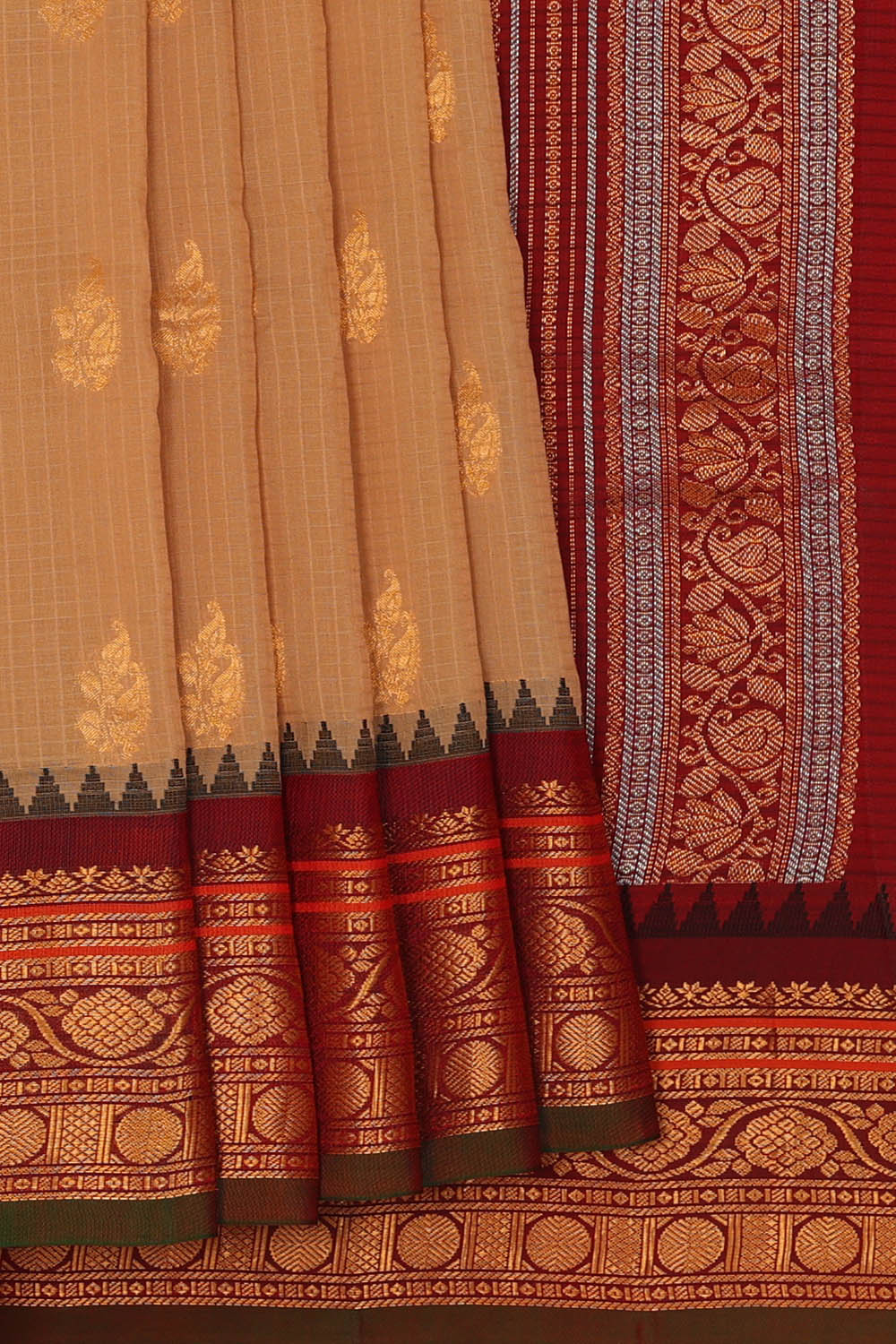 Image of Beige Gadwal Silk Kattam Saree