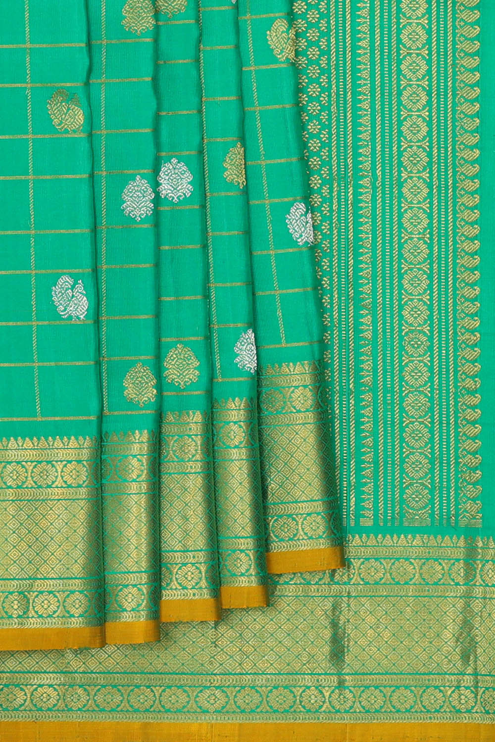Image of Sea-Green Gadwal Silk Kattam Saree