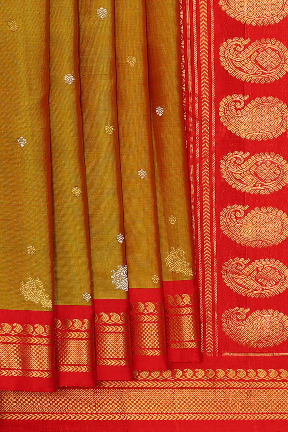 Image of Fenugreek-Mustard Gadwal Silk Saree