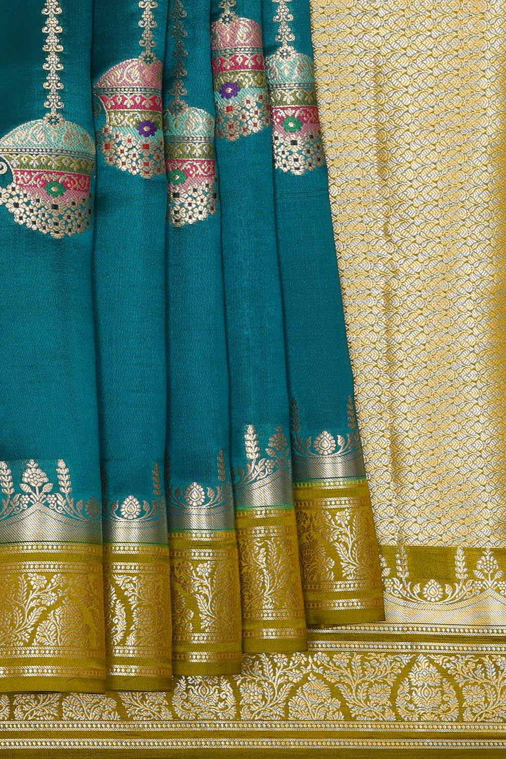 Image of Teal-Blue Banarasi Chiniya Silk Saree