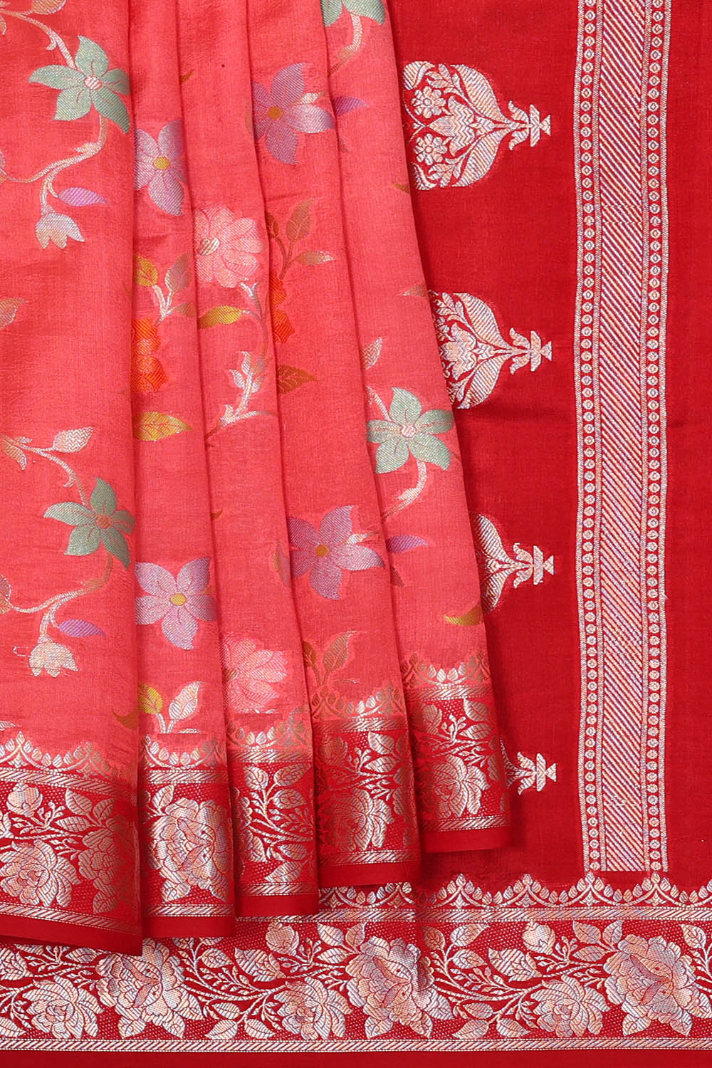 Image of Coral Pink Banarasi Chiniya Silk Saree