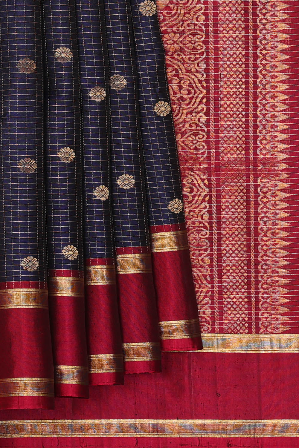 Image of Navy-Blue South Silk Kattam Saree