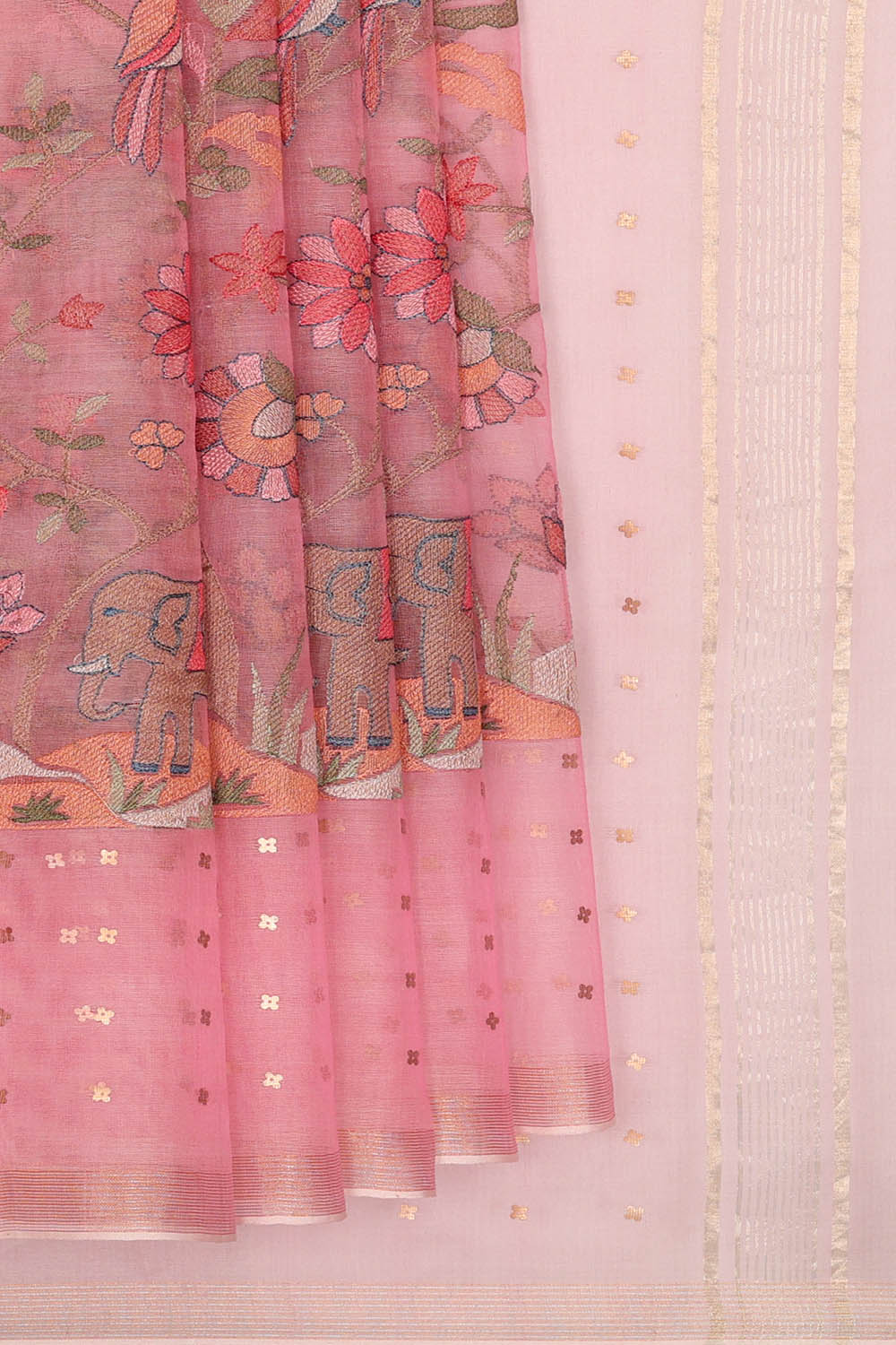 Image of Pink Tussar Silk Embroidery Saree