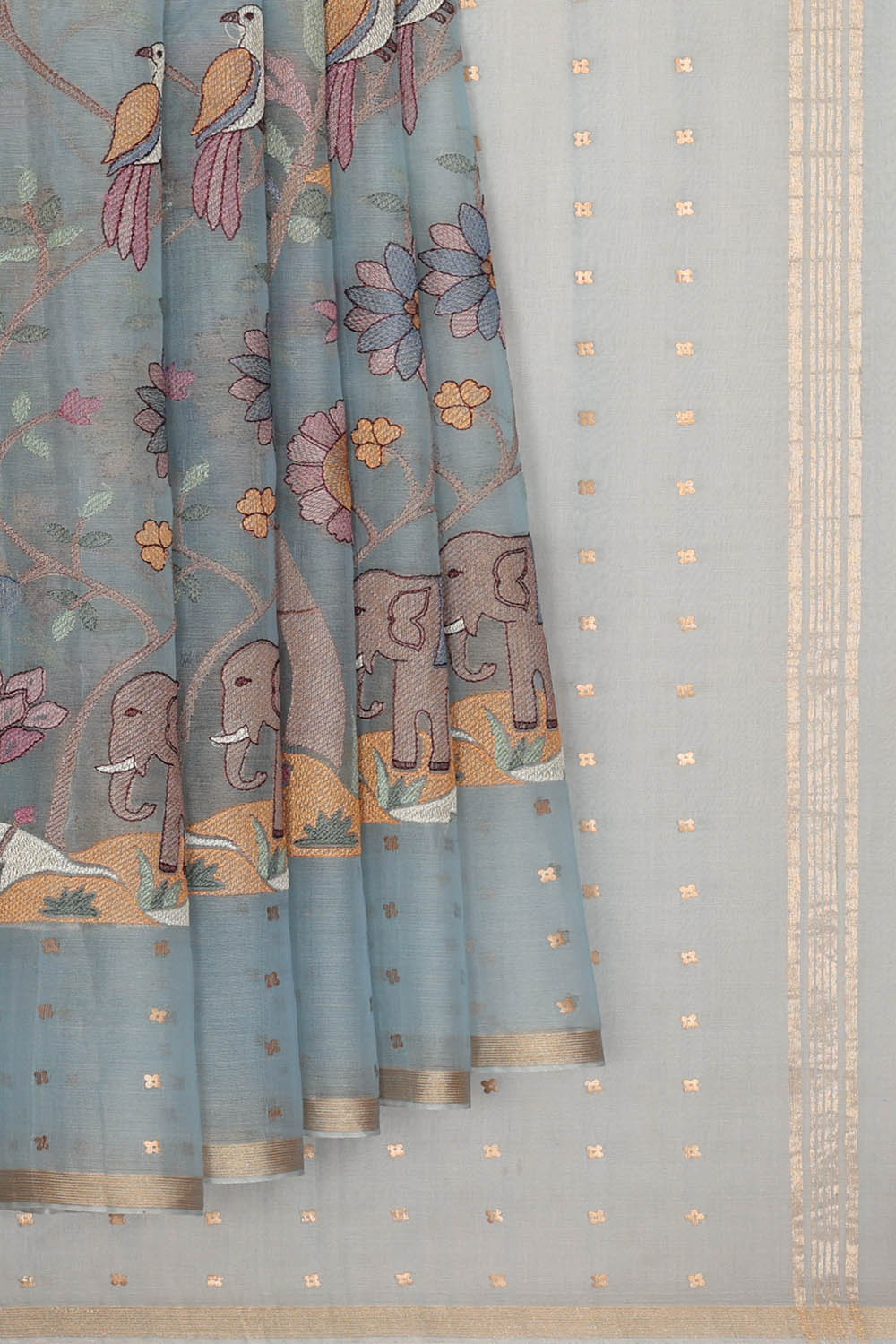 Image of Grey Tussar Silk Embroidery Saree