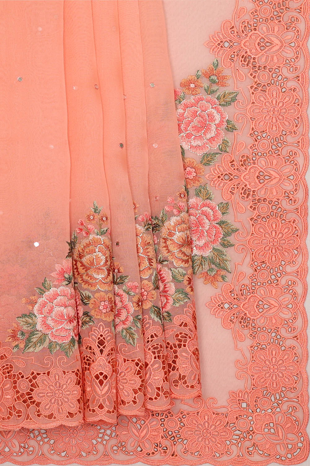 Image of Light-Peach Tussar Embroidery Silk Saree