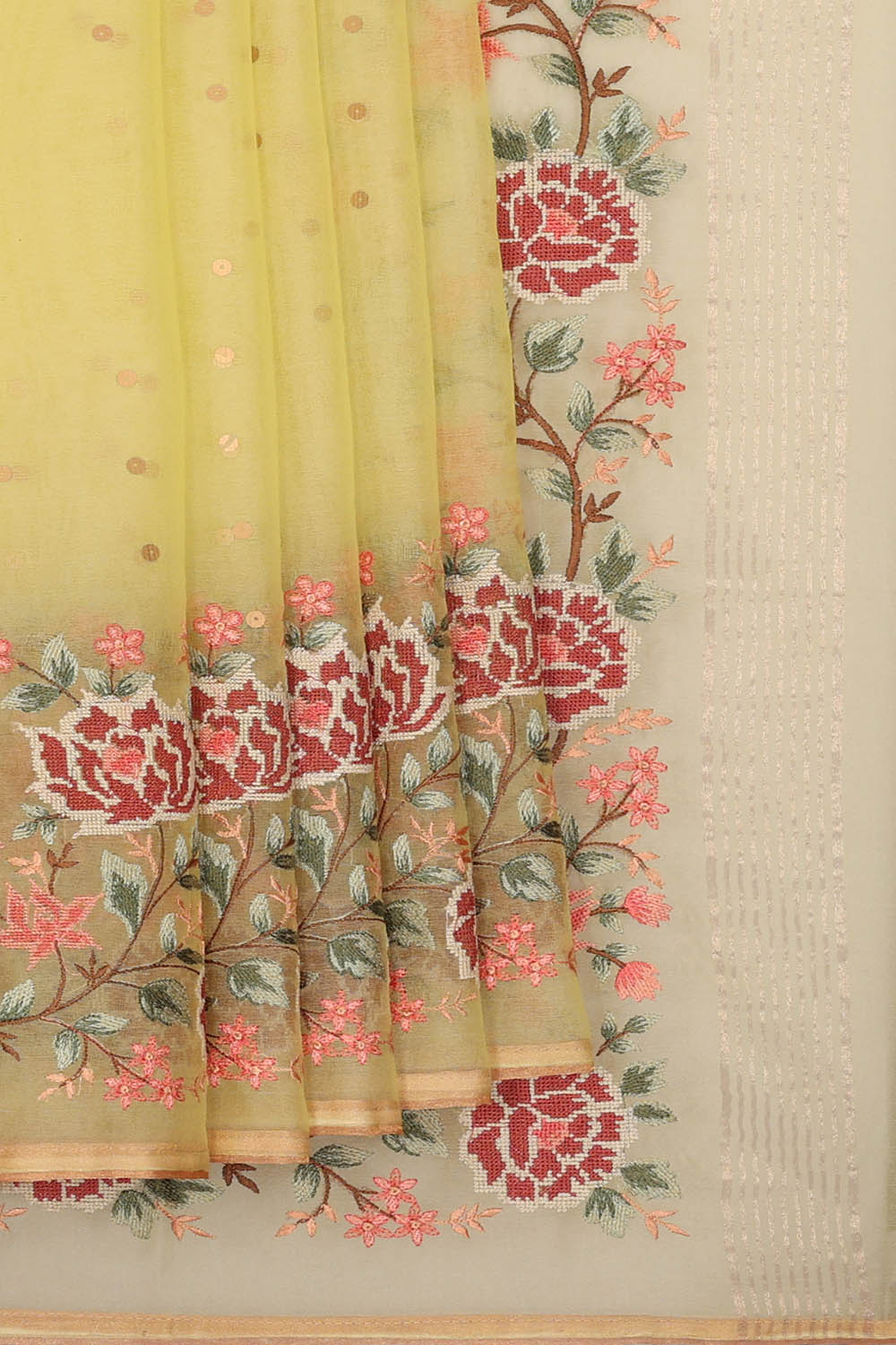 Image of Pale-Yellow Tussar Silk Embroidery Saree
