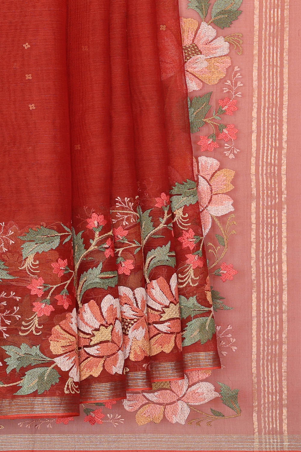 Image of Red Tussar Silk Embroidery Saree