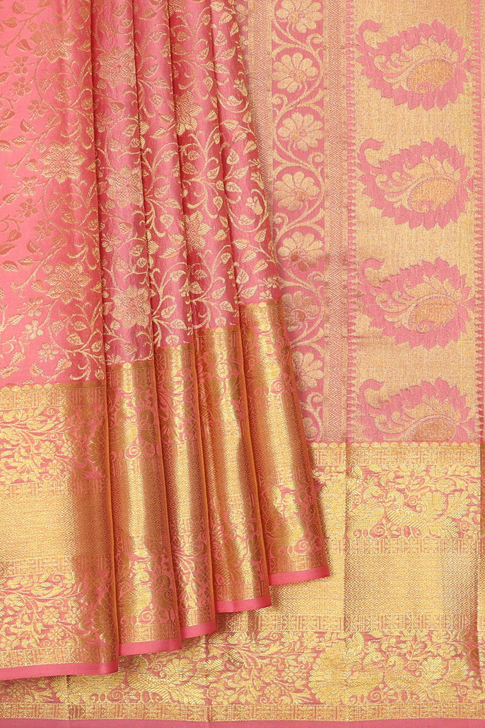 Image of Coral-Pink South Silk Brocade Saree