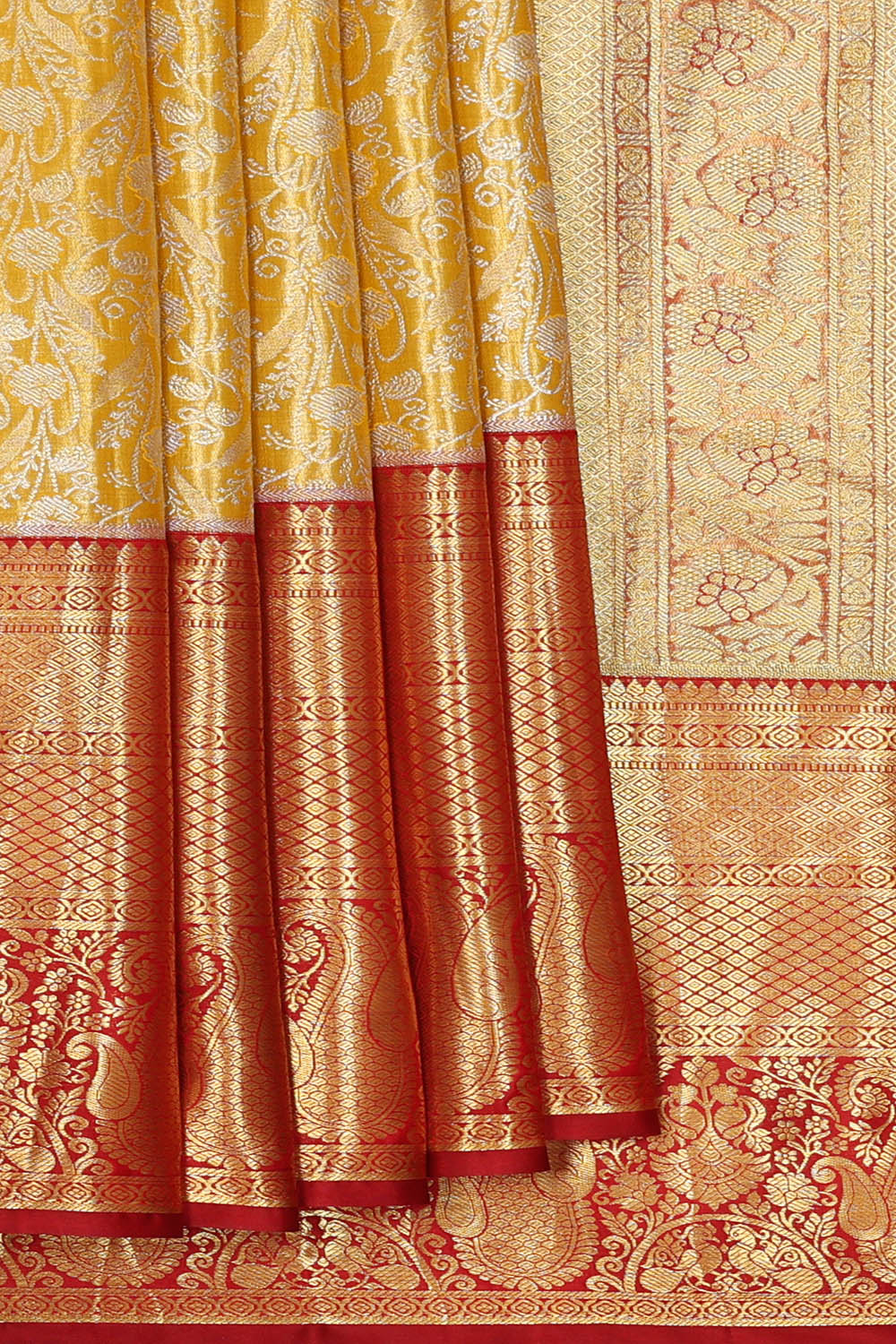 Image of Yellow Kanchipattu Tissue Brocade Saree