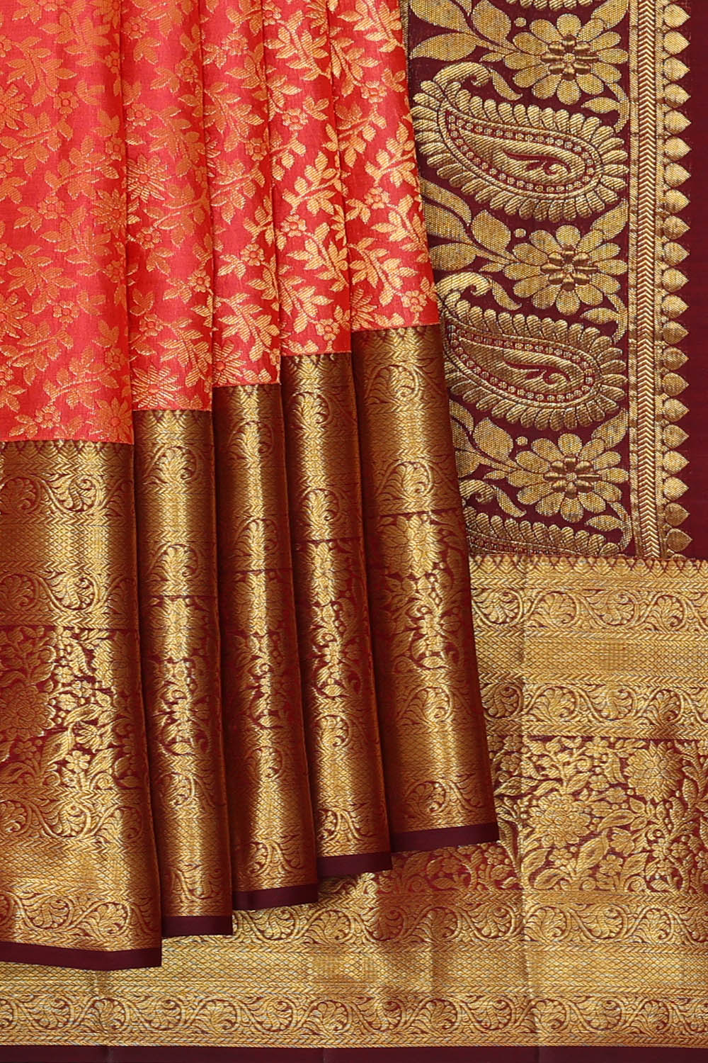 Image of Coral-Peach Kanchipattu Brocade Saree