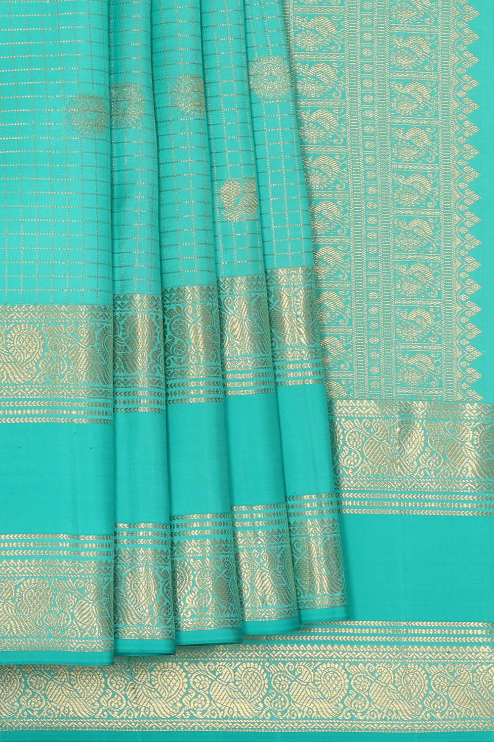 Image of Kanchipattu Turquoise-Blue Kattam Saree