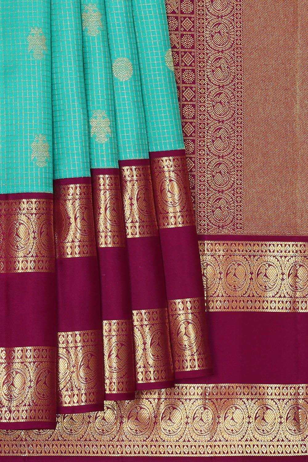 Image of Kanchipattu Turquoise-Blue Kattam Saree