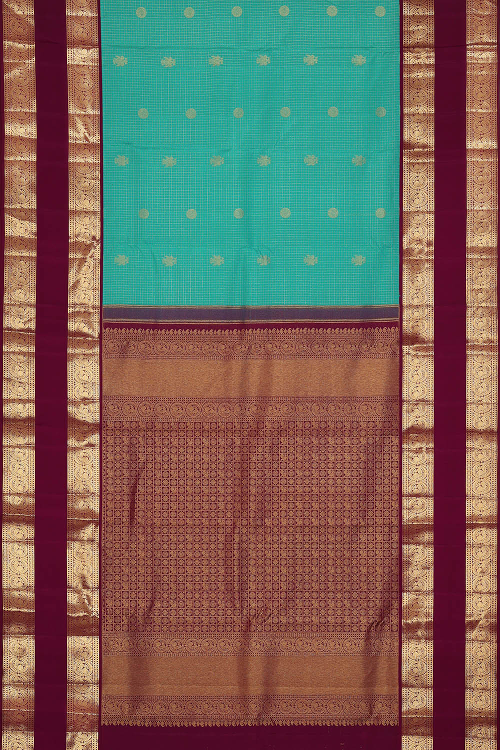 Image of Kanchipattu Turquoise-Blue Kattam Saree