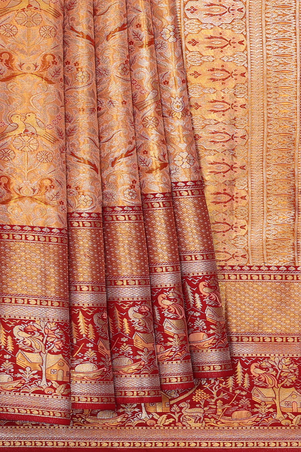 Image of Gold-Peach Kanchipattu Tissue Brocade Saree