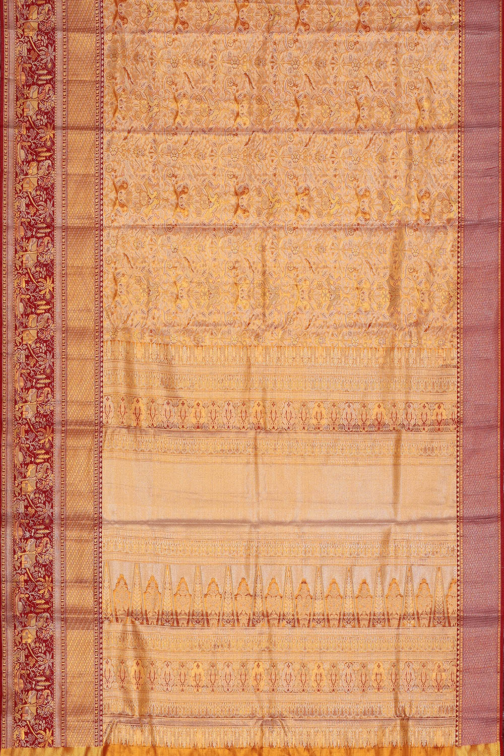 Image of Gold-Peach Kanchipattu Tissue Brocade Saree