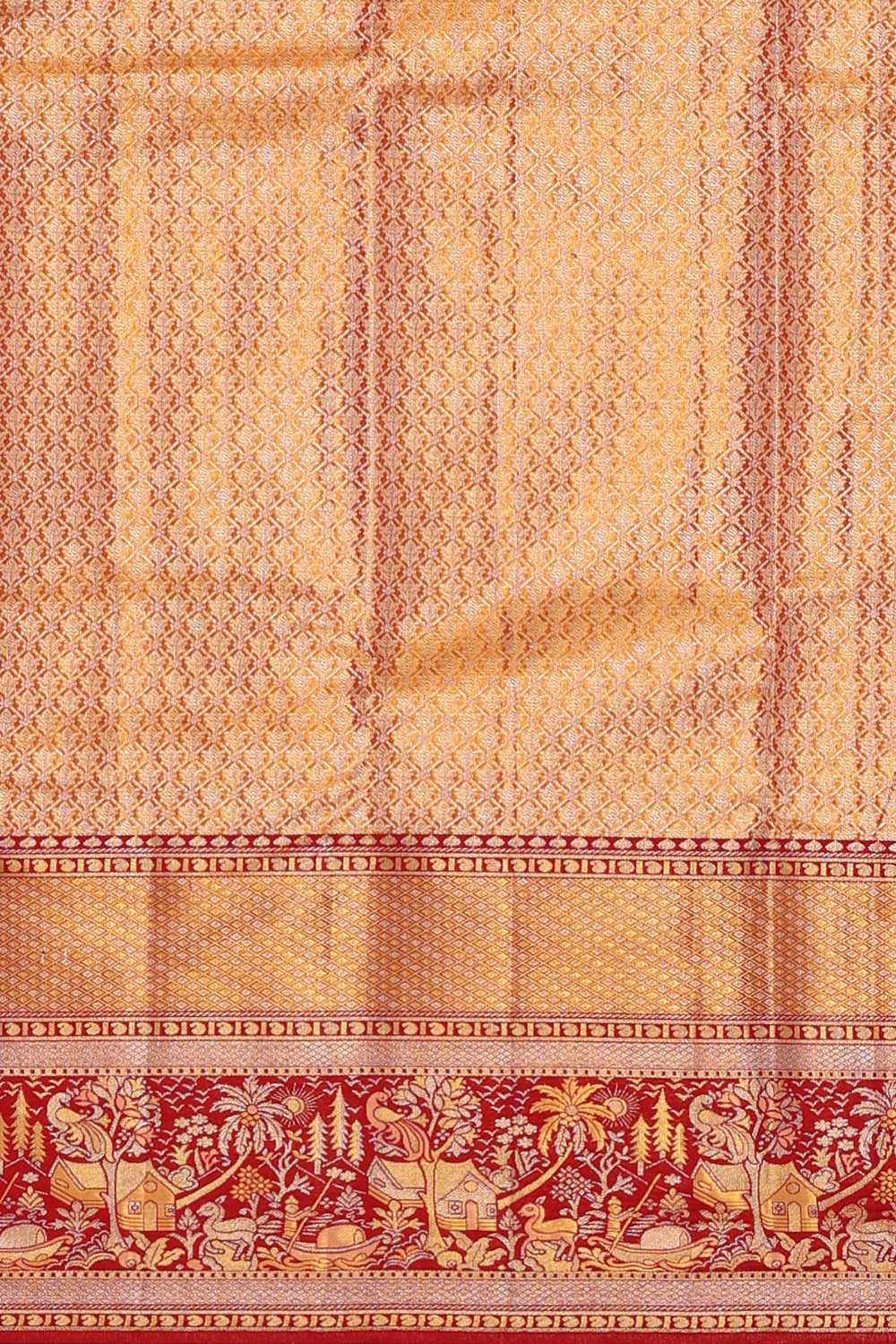 Image of Gold-Peach Kanchipattu Tissue Brocade Saree